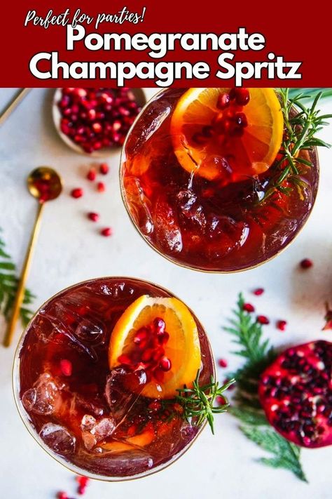 Cheers to the holidays with a Pomegranate Champagne Spritz! This festive cocktail is made with just 3 ingredients: bubbly champagne, tangy pomegranate juice, and zesty nonalcoholic ginger beer. It's the perfect low-ABV drink for holiday parties or cozy celebrations. Light, refreshing, and oh-so-easy to make, this spritz is a must for your holiday menu. 🥂✨ Pomegranate Juice Cocktails, Christmas Dessert Drinks, Pomegranate Cocktail, Pomegranate Drinks, Pomegranate Cocktails, Light Cocktails, Fruity Recipes, Spritz Cocktail, Prosecco Cocktails