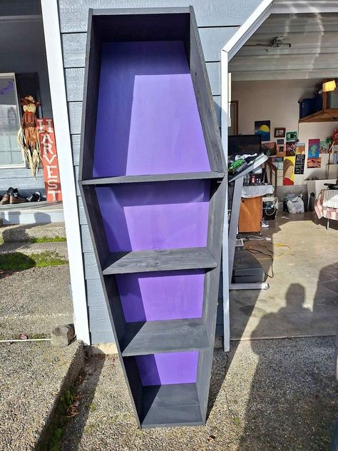 (20+) Marketplace - Wooden handmade coffin book shelf | Facebook Coffin Bookcase, Coffin Shelves, Painted Bookcase, Book Cases, Gothic Furniture, Furniture Bookshelves, Purple Reign, Take Apart, Purple Fabric