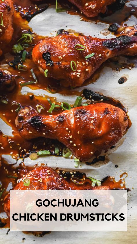 Meals With White Rice, Chicken Drumsticks In The Oven, Drumsticks In The Oven, Easy Chicken Drumstick Recipes, Spicy Chicken Drumsticks, Gochujang Chicken, Steamed Veggies, Chicken Drumstick, Pepper Paste