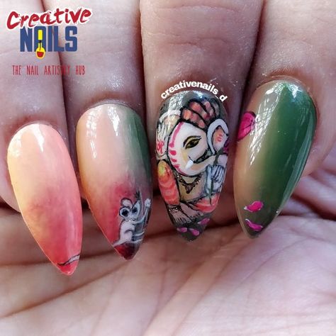 Ganesh Nail Art Design, Ganesha Nail Art Designs, Ganesh Chaturthi Makeup Look, Ganesh Chaturthi Nail Art Designs, Ganesha Nail Art, Ganesh Chaturthi Nail Art, Ganesh Nail Art, Janmashtami Nail Art, God Nails Design