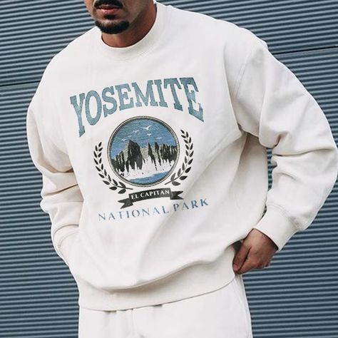 Gymbro Aesthetic, Vintage Sweatshirt Men, Vintage Yosemite, Sleeve Placket, Polo Style, Sweatshirts Online, Pullover Designs, Casual Streetwear, White Sweatshirt