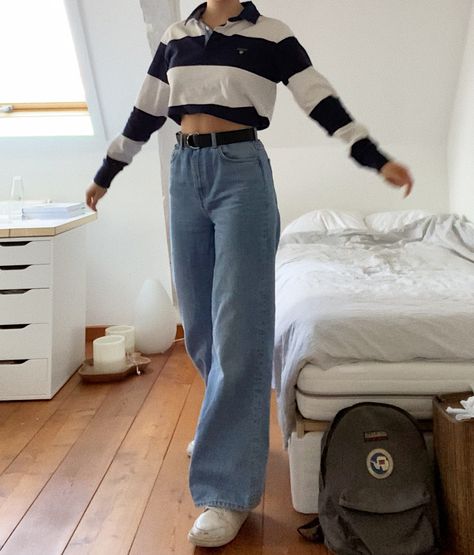 #outfits #oufitideas #polo #jeans #baggy #wideleg #jordans #outfitoftheday #outfitinspiration  #clothing #clothes Baggy Jeans Tight Shirt Outfit, Baggy Pants Tight Shirt Outfit, Tight Shirt Outfit, Outfit Ideas Baggy Jeans, Baggy Shirt Outfit, Outfits With Baggy Jeans, Full Sleeve Crop Top, Kurti With Jeans, Baggy Outfit Ideas