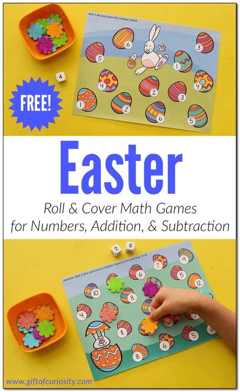 Easter Roll and Cover Math Games | Easter number learning | Easter addition | Easter subtraction | Easter printable || Gift of Curiosity Easter Subtraction, Roll And Cover, Basic Subtraction, Number Learning, Easter Kindergarten, Easter Classroom, April Activities, Easter Math, Easter Week