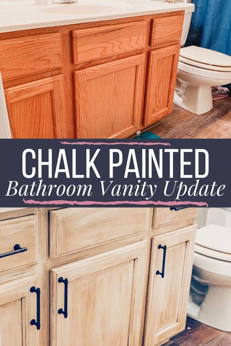 DIY chalk paint updated bathroom vanity cabinet using Rustoleum chalk paint and glaze. A full tutorial on using this paint and the pros and cons associated with it. Updated Bathroom Vanity, Bathroom Vanity Update, Vanity Update, Rustoleum Chalk Paint, Painted Vanity Bathroom, Updated Bathroom, Oak Vanity, Painted Bathroom, Vanity Makeover