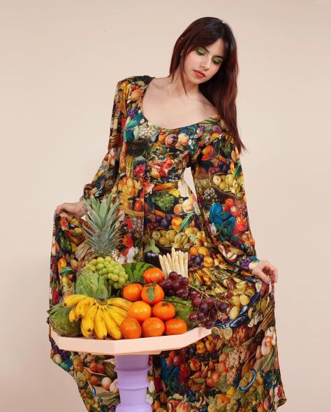 Samantha Pleet on Instagram: “🍇🍅🥦 First drop of fall styles just up on samanthapleet.com 🧅 The Banquet Dress on @funkygenius photo by Karen Sofia Colon” Baroque Still Life, Harvest Dress, Samantha Pleet, Banquet Dress, India Design, Banquet Dresses, Button Dress, Edgy Fashion, Holiday Dresses