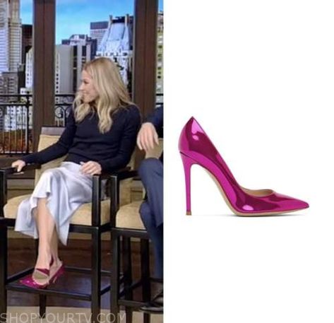 Live with Kelly and Ryan: November 2022 Kelly Ripa's Hot Pink Metallic Pumps Heels Metallic Pink Shoes Outfit, Pink Shoes Outfit, Metallic Pumps, Where To Buy Clothes, Kelly Ripa, Heels Outfits, February 2023, Pink Metallic, Fashion Tv