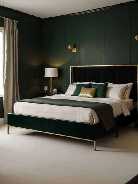 Emerald Green Apartment, Emerald Green Room Ideas Bedroom, Emerald Green Accent Wall, Bedroom Asthetics, Gold Accents Bedroom, Emerald Green Rooms, Guess Bedroom, Room Color Ideas Bedroom, Green Room Ideas Bedroom