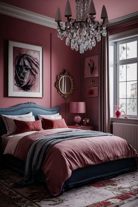 Rose Colored Bedroom Ideas, Dusty Pink Accent Wall Bedroom, Dusty Rose Bedroom Decor, Deep Pink Room, Dark Pink Ceiling, Dark Pink Bedding, Mauve Walls Bedroom, Deep Pink Bedroom, Dark Pink Bedroom Ideas