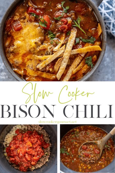 With plenty of health benefits, ground bison is a delicious and nutritious replacement for ground beef. Perfect in this slow cooker chili that’s also easy to make! #slowcooker #bison #chili Bison Chili Recipe, Ground Bison Recipes, Bison Chili, Bison Recipes, Ground Bison, Bison Meat, Slow Cooker Chili Recipe, Meat Chili, Recipes Instant Pot