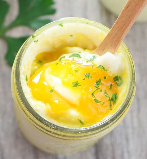 close-up overhead photo of coddled eggs with mashed potatoes in a jar Coddled Eggs Recipes, Top Chef Recipes, Coddled Eggs, San Diego Food, With Mashed Potatoes, Potato Puree, Garlic Mashed Potatoes, Soft Food, Garlic Mashed