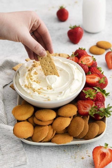 This 3 Ingredient Cheesecake Dip is my new favorite party dip!  Serve it with fruit, cookies, and even pretzels for the perfect dip for any occasion. Dessert Dip Board, Dip Party Ideas Decor, Best Appetizer Dips, Dessert Dips Charcuterie Board, Easy Dessert Dip Recipes 3 Ingredients, Simple Dessert Dips, Dessert Cream Cheese Dip, Frosting Dip For Graham Crackers, Dip For Graham Crackers Easy