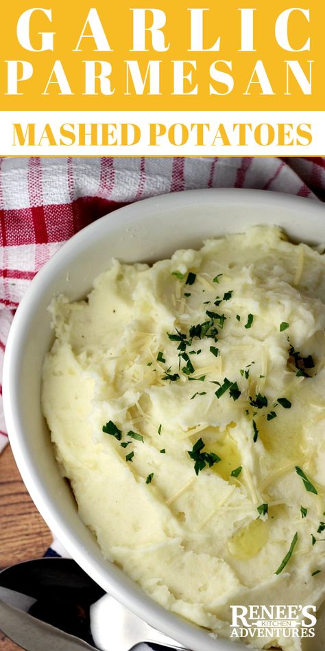 Garlic Parmesan Mashed Potatoes - easy recipe for your favorite comfort food mashed potatoes elevated with fresh garlic and Parmesan cheese for a flavorful side dish that goes well with any meat. #mashedpotatoes #Parmesancheese #potatoes Horseradish Mashed Potatoes, Garlic Parmesan Mashed Potatoes, Cream Cheese Mashed Potatoes, Mashed Red Potatoes, Make Ahead Mashed Potatoes, Parmesan Mashed Potatoes, Red Potato Recipes, Easy Mashed Potatoes, Dinner Homemade