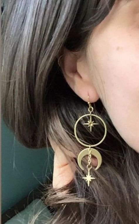 Drop Star Earrings, Witchy Boho Jewelry, Earrings Moon And Star, Witchy Aesthetic Jewelry, Moon Dangle Earrings, Moon Inspired Jewelry, Star Themed Jewelry, Witch Jewelry Aesthetic, Witchy Jewelry Aesthetic