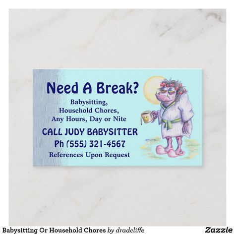 Babysitting Or Household Chores Business Card Babysitting Business Cards Ideas, Babysitting Card Ideas, Babysitter Business Cards, Nanny Business Cards, Babysitting Cards Business, Babysitting Logo Ideas, Baby Sitting Flyers, Babysitting Cards, Babysitting Forms