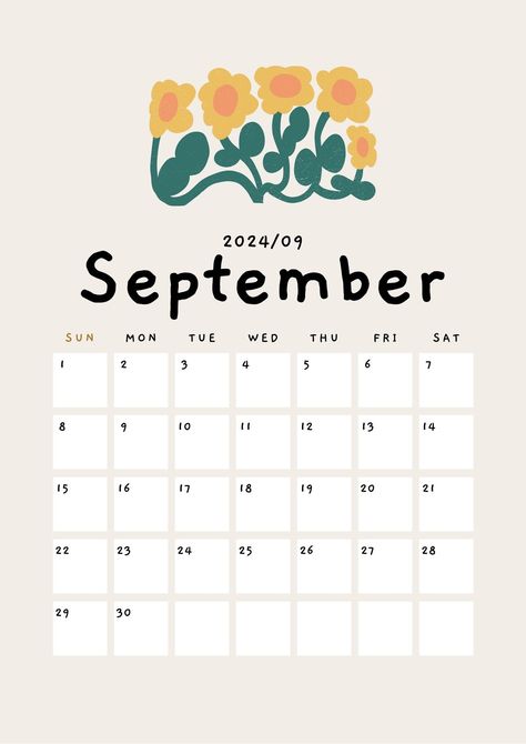 Beige Cute Playful Organic Flower Illustration 2024 Calendar A4 Document - Templates by Canva Calender Printables, Free Printable Calendar Templates, Calendar Background, September Calendar, A4 Document, Calendar Download, Cute Calendar, Printable Calendar Template, Calendar Wallpaper