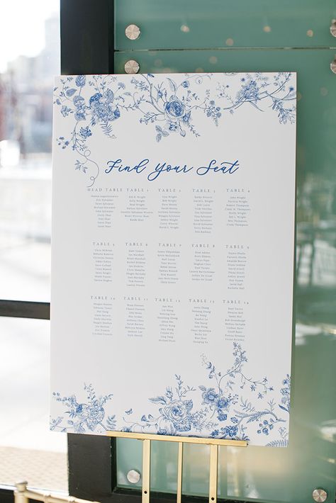 Rustic Blue And White Wedding, Wedding Inspiration Blue And White, Blue And White Welcome Sign, Canvas Seating Chart Wedding, Chinoiserie Inspired Wedding, Wedding Reception Blue And White, Light Blue Wedding Seating Chart, Blue And White Wedding Seating Chart, Blue Seating Chart Wedding