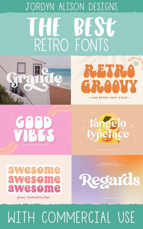 There's an abundance of retro fonts available for commercial use these days, which is why I've made a list of the top 10 best retro fonts! Use these retro fonts for t-shirts, stickers, tumblers, branding, and so much more! Fonts For Commercial Use Free, Fonts For Stickers, Best Canva Fonts For Shirts, Free Groovy Retro Fonts, Free Retro Fonts For Cricut, Sticker Font Design, Groovy Free Fonts, 70s Style Font, Retro Cricut Fonts