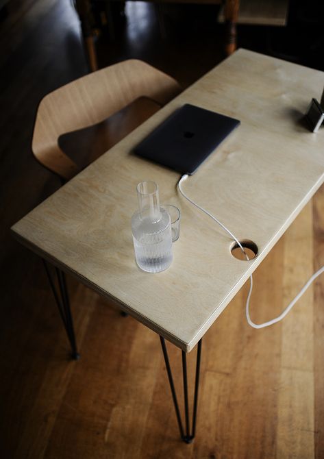 Birch Desk, Plywood Desk, Plywood Table, Home Study, Work Station, Plywood Furniture, Raw Steel, Hairpin Legs, Clear Coat