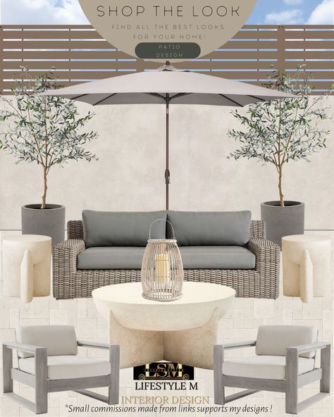 Mood board for a patio design. Grey Balcony Ideas, Paver Patio Decorating Ideas, Grey Deck Decorating Ideas, Gray Patio Furniture Decor, Grey Wicker Patio Furniture, Patio Umbrella Ideas, Grey Patio Furniture, Arizona Apartment, Patios Ideas