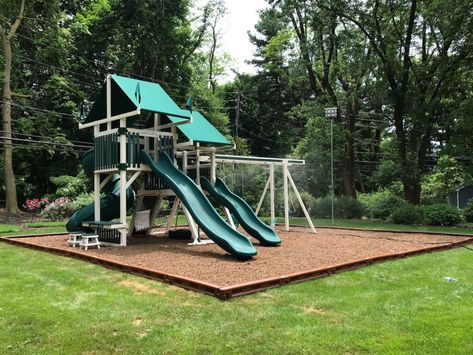 Playset Landscaping, Playground Backyard Diy, Playground Mulch, Wood Playground, Backyard Fort, Playground Surface, Backyard Hammock, Play Area Backyard, Backyard Swings