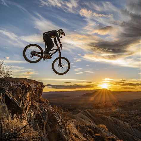 Mountain Biking Sunset: An adventurous mountain biker jumps over a rocky ledge against a breathtaking sunset backdrop. #mountain biking #sunset #adventure #outdoor #cycling #aiart #aiphoto #stockcake ⬇️ Download and 📝 Prompt 👉 https://ayr.app/l/Kac1 Sunset Adventure, Mountain Biking Photography, Sunset Backdrop, Downhill Bike, Sunset Images, Downhill Mtb, Bike Photography, Bike Photo, Bike Parking