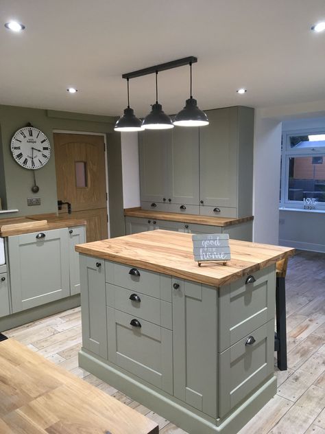 Small Green Kitchen Island, Olive Kitchen Cabinets Farmhouse, Kitchens Sage Green, Sage Grey Cabinets, Sage Green Butcher Block Kitchen, Sage Country Kitchen, Cabinet Colors With Butcher Block Counters, Country Kitchen Cupboards, Kitchen Ireland Ideas