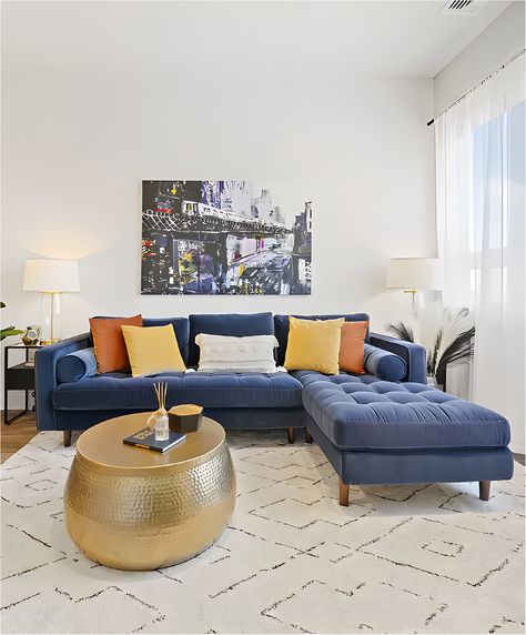 Denim Sofa, Classy Watch, Yellow Throw Pillows, Tiny Plants, Wooden Side Table, Shaggy Rug, A Living Room, Wall Color, How To Style