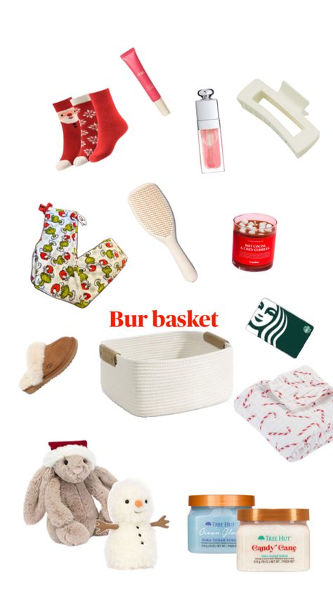 Bur basket ideas Holiday Gift Baskets Christmas, Xmas Gift Baskets, Making A Gift Basket, Girly Christmas Gifts, Cute Christmas Ideas, Holiday Baskets, Christmas Apps, Cute Gifts For Friends, Holiday Gift Baskets