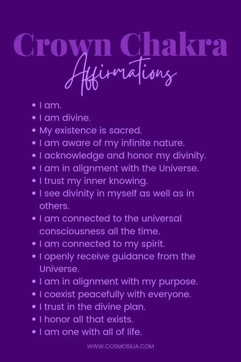 Crown Chakra Affirmations Chakra Healing Affirmations, The Crown Chakra, Chakra Healing Meditation, Chakra Health, Chakra Affirmations, Healing Affirmations, Energy Healing Spirituality, Chakra Yoga, Spiritual Manifestation