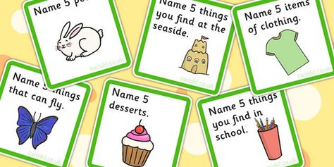 Name 5 Things Categories Card Game Name 5 Things Game, Name 5 Game, Cucumber Trellis Diy, Spanish Games, Card Games For Kids, English Games, Speech Therapy Resources, Playing Cards Design, Crafts For Seniors