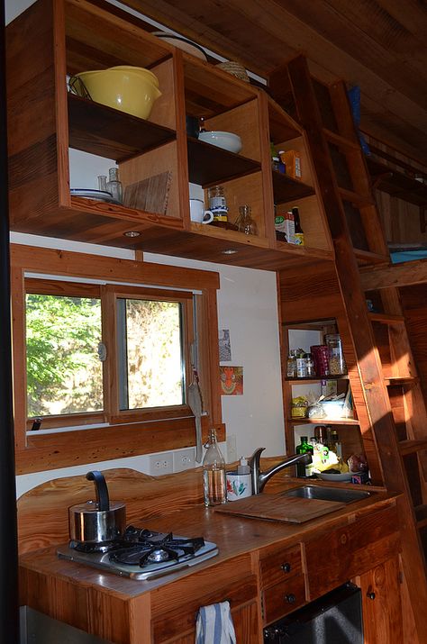 Ladder Ladder Shelving, Coastal Cabin, Tiny House Blog, Cabin Tiny House, Tiny House Inspiration, Tiny House Kitchen, Lake Art, Tiny Cabin, Tiny House Movement