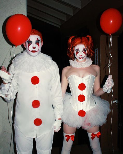 Pennywise couples costume from the movie It. Horror couples costume. Boy and girl dressed as pennywise the clown wearing clown makeup Horror Movie Outfits, Scary Couples Costumes, Pennywise Halloween Costume, Scary Couples Halloween Costumes, Halloween Costumes Women Scary, Movie Star Dress, Clown Halloween Costumes, Halloween Kids Costumes Girls, Horror Halloween Costumes