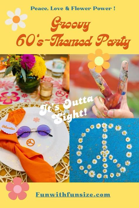 Great DIY ideas on how to plan a retro 60’s party that is stylish but NOT crazy expensive.  Everything from decorations to DIY floral designs and vintage looking table decor, you’ll be ready for a groovy party that’s outta sight!  #groovy #retro #party #60s #decoration Peace Out 20s Party, Diy 60s Decor, 1960s Party Theme Decorations, 60s Party Decor, 1960s Party Theme, 60s Party Decorations, 60s Birthday Party, 60s Party Themes, Sixties Party