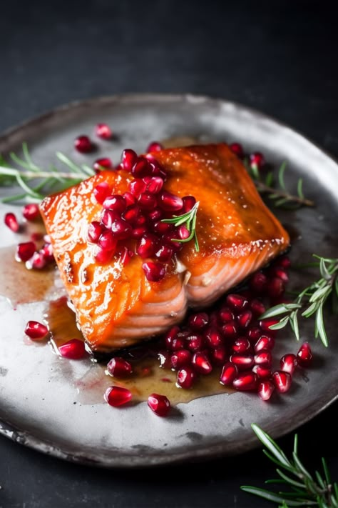 Indulge in the delectable blend of sweet and savory with our Golden Pomegranate Glazed Salmon, perfectly aligning with the Whole Health Flexi-Plan diet. This gluten-free culinary delight offers a harmonious mix of rich pomegranate and aromatic spices, creating a festive and healthy meal option. Silver Salmon Recipes, Whole Salmon Recipes, Salmon Pomegranate, Golden Pomegranate, Whole Salmon Recipe, Pomegranate Glaze, Gluten Free Salmon, Pomegranate Recipes, Flexitarian Diet