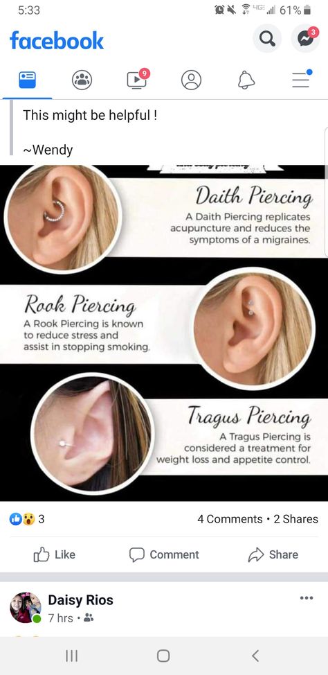 Piercings That Help With Headaches, Piercing That Helps With Headaches, Ear Piercing Pressure Points, Ear Pressure Points Piercing, Migraine Piercing Health, Pressure Point Ear Piercing, Pressure Point Piercing, Ear Piercings And What They Help With, Piercing Pressure Points