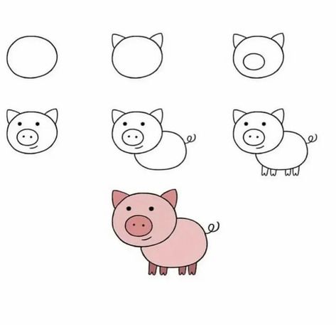 Farm Drawings Easy, Pig Simple Drawing, Easy Drawing Animals, How To Draw Doodles, How To Draw For Kids, Pig Doodle, Easy Halloween Drawings, Toddler Drawing, Drawing Ideas For Kids