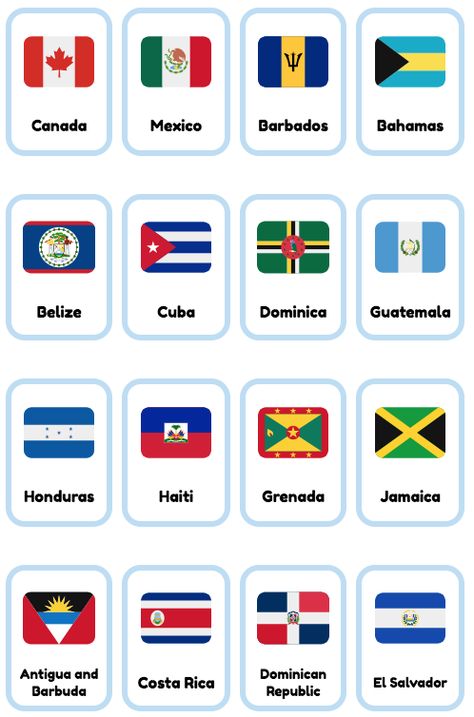 16 free North American countries printable flashcards made from emoji. Choose from small medium and large sizes on A4 or letter paper. Great for teaching ESL. Zastave Sveta, North America Flags, North America Countries, World Flags With Names, North America Flag, Online Flashcards, Logo Quiz Answers, English Flashcards, Passport Template