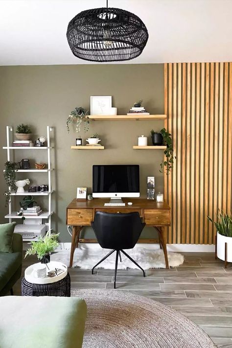 Room Inspo Bookshelf, Statement Walls Living Room, Olive Living Rooms, Small Room Inspo, Green Home Offices, Olive Green Bedrooms, Bookshelf Bedroom, Pastel Desk, Green Walls Living Room