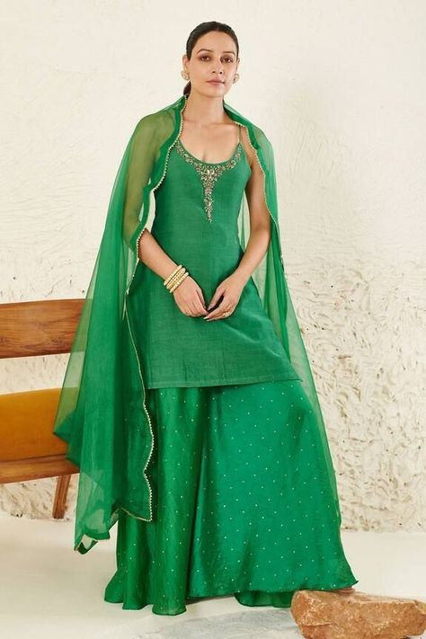 Green Indian Outfit Mehendi, Noodle Strap Suit Indian, Mukaish Work Suits, Organza Kurta, Chanderi Suit, Mukaish Work, Neck Patterns, Trendy Outfits Indian, Outfits Indian