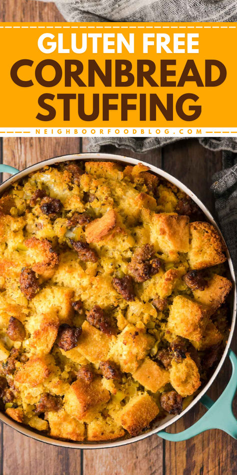 Elevate your easy Thanksgiving side dish recipe feasts with our gluten-free cornbread recipe! This sweet and juicy cornbread is perfect for creating a delicious gluten-free stuffing. An easy addition to your Thanksgiving side dishes to impress your guests! Gluten Free Stuffing Thanksgiving Cornbread Dressing, Cornbread Stuffing Recipes Easy, Make Ahead Thanksgiving Sides, Gluten Free Cornbread Stuffing, Thanksgiving Dish Ideas, Cornbread Stuffing With Sausage, Gluten Free Stuffing Thanksgiving, Gluten Free Cornbread Dressing, Easy Food To Cook