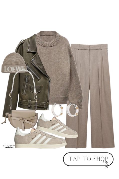 Oversized worn effect biker jacket, knit jumper, chalk pinstripe wide leg trousers, beige adidas gazelle trainers, Loewe beanie hat, Loewe bag. Fall winter outfit, everyday outfit. Beige Gazelle Adidas Outfit, Loewe Beanie, Autumnal Style, Adidas Gazelle Outfit, Beige Outfits, Nude Outfit, Knitwear Jumper, Beige Adidas, Fashion 23