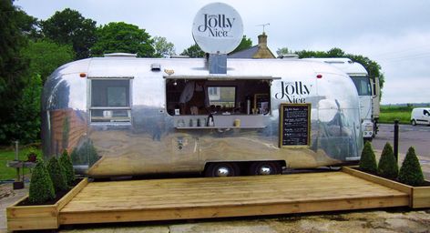 Harriets's Jolly Nice AIRSTREAM Cafe Saperton near Cirence… | Flickr Airstream Sport, Coffee Food Truck, Coffee Trailer, Outdoor Fire Table, Mobile Catering, Food Park, Romantic Cabin, Retro Caravan, Gas Fire Table