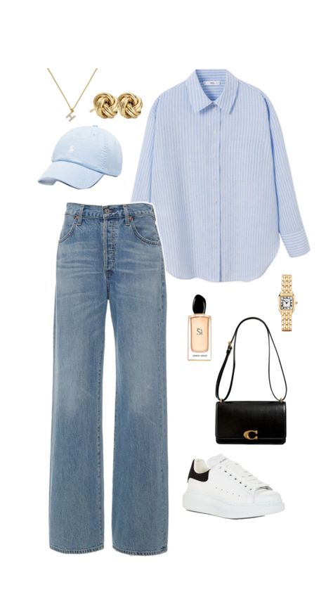 Blue Top Outfit, Blue Striped Shirt Outfit, Spring Outfit Idea, Striped Tops, Casual College Outfits, Korean Casual Outfits, Casual Day Outfits, Blouse Work, Casual Work Outfits