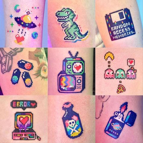 Pixel Tattoo 8 Bit, 80s Aesthetic Tattoo, Simple Video Game Tattoos, Nostalgia Tattoo Ideas, Pixelated Tattoo, Videogame Tattoos, Puzzle Tattoo Ideas, Vaporwave Tattoo, Pixel Art Tattoo