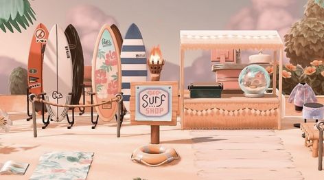 Acnh Island Decor Ideas, Acnh Beach Farmers Market, Acnh Beach Front Ideas, Acnh Sushi Bar Beach, Acnh Island Designs Shops, Ac Beach Ideas, Beach Deck Acnh, Kapp'n Animal Crossing Pier, Animal Crossing Surf Shop Ideas