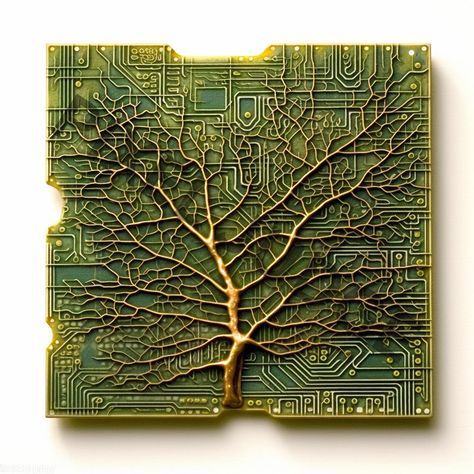 Circuit Boards grown from Nature | Poster | Science Fiction Art | technology art | Cyberpunk Art | gift for engineers | gifts for geeks | gift for nerds | gift for scientists Introducing more stunning digital art featuring a circuit board design with delicate copper leaf veins in relief. This unique piece is the perfect gift for every tech freak, geek or nerd. Museum-quality posters made on thick matte paper. Add a wonderful accent to your room and office with these posters that are sure to brig Circuit Board Sculpture, Nature Technology Art, Nature Technology Aesthetic, Circuit Board Design Art, Nature And Technology Art, Art About Technology, Circuit Sculpture, Circuitry Art, Cyberpunk Decor