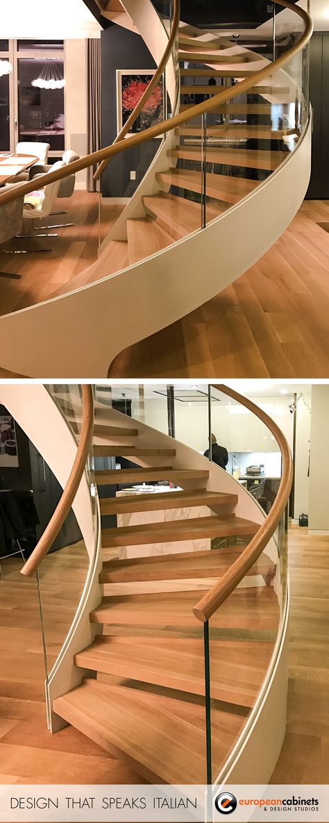 A new staircase we designed and installed for a customer in New York with solid beechwood steps and handrail, a double powder coated steel stringer, and curved tempered glass, manufactured by CAST in Italy. Curved Steps, Round Stairs Design, Round Stairs, Spiral Stairs Design, Stair Plan, Staircase Outdoor, Circular Stairs, Staircase Design Modern, Traditional Staircase