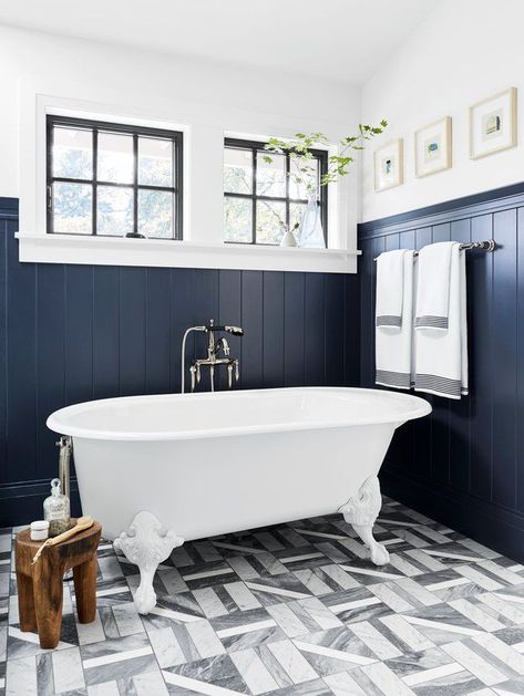 bathroom floor tile idea with blue wainscoting and patterned tile with clawfoot tub Bathroom Wainscoting, Beautiful Tile Bathroom, Makeover Kamar Mandi, Navy Blue Bathrooms, Navy Bathroom, Pretty Bathrooms, Bad Inspiration, Bathroom Tile Designs, Blue Bathroom