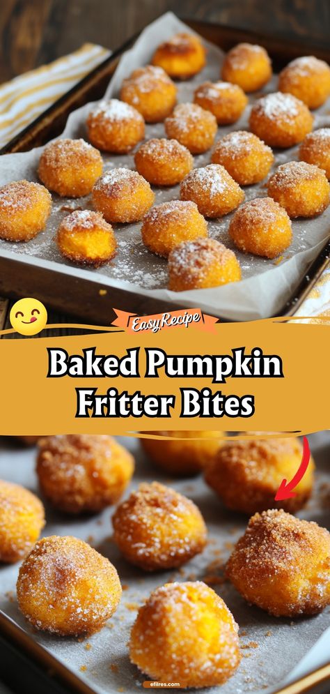 Enjoy these bite-sized pumpkin fritters, oven-baked to perfection. They're the ideal blend of sweet and spice, perfect for autumn snacking. #PumpkinFritters #AutumnTreats #HealthySnacking Baked Pumpkin Fritters, Bite Size Pumpkin Desserts, Pumpkin Bites Easy, Baked Pumpkin Fritter Bites, Pumpkin Fritters Recipe, Pumpkin Spice Bites, Pumpkin Snacks, Pumpkin Bites, Canned Pumpkin Recipes