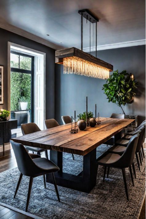 Dining room with exposed brick and metal chandelier Mountain Modern Dining Table, Modern Cabin Dining Room, Industrial Room Decor, Dining Room Design Contemporary, Blackwood Furniture, Dining Area Design Ideas, Large Dining Room Ideas, Rustic Modern Dining Room, Dining Area Interior Design